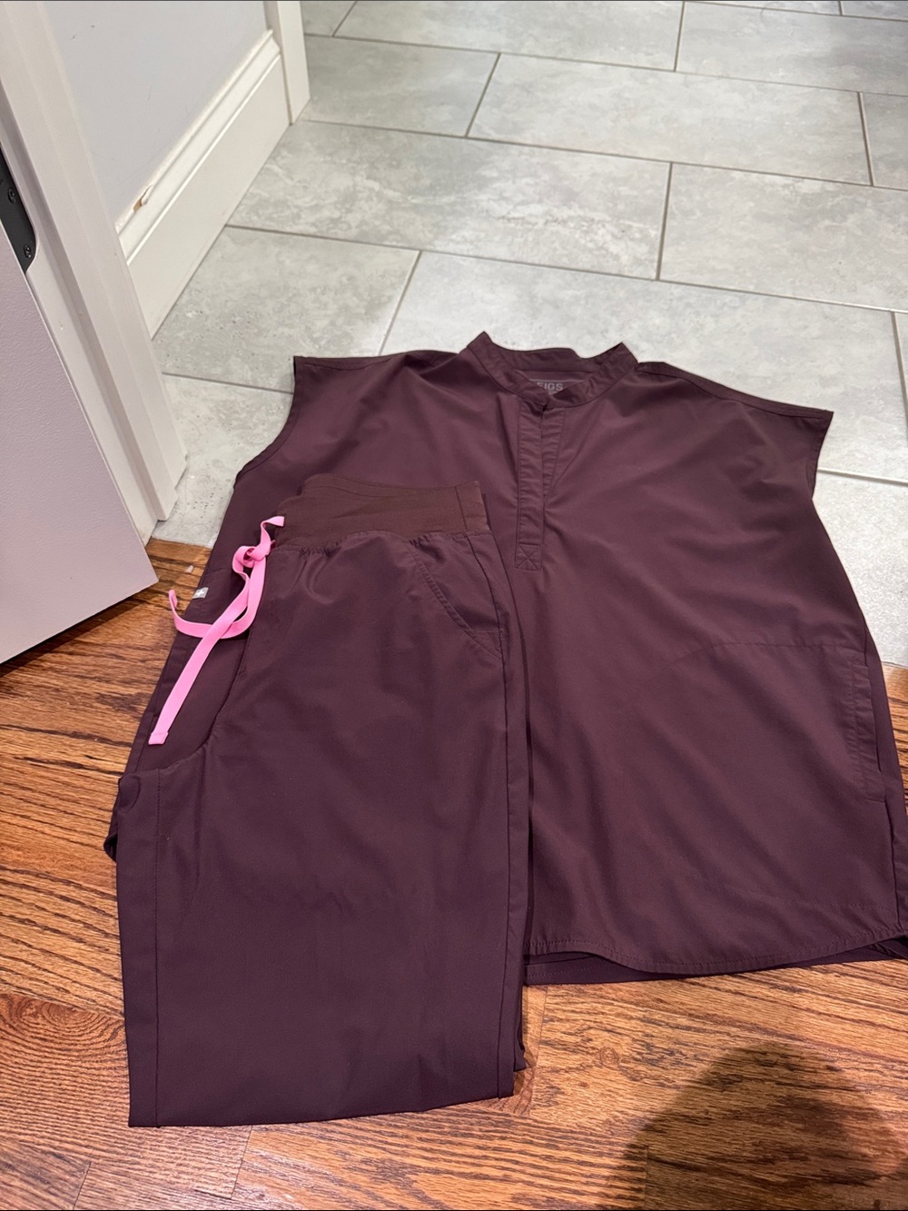 Figs Women's Scrub Set in Deep Plum with Pink Drawstring